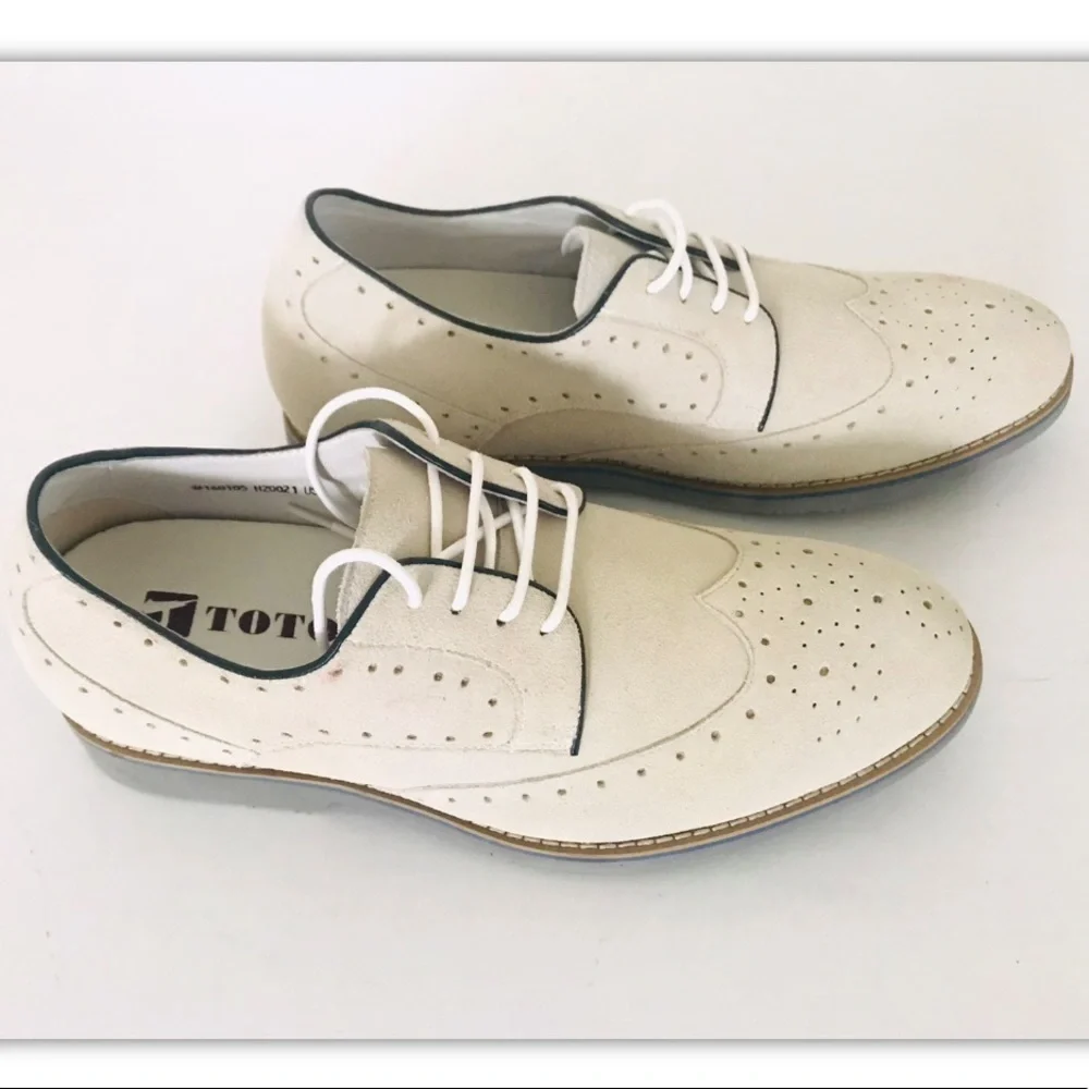 TOTO | H20021 Suede Wingtip Dress Shoes Mens Size 8 Beige Lace Up Leather